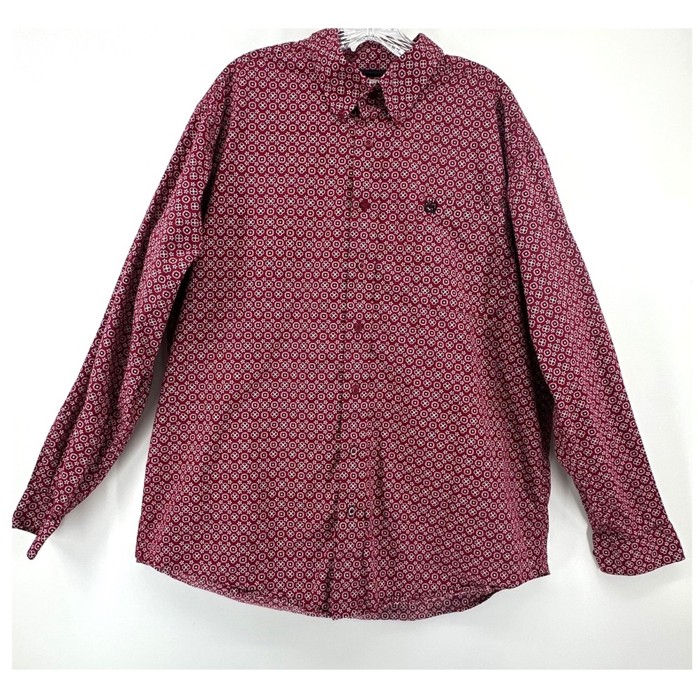 Cinch Mens Burgundy Geometric Print Cotton Western Button Down Shirt Large Rodeo